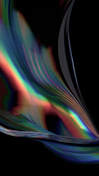 Abstract iridescent glass curved shapes on a black background, vertical 3d render