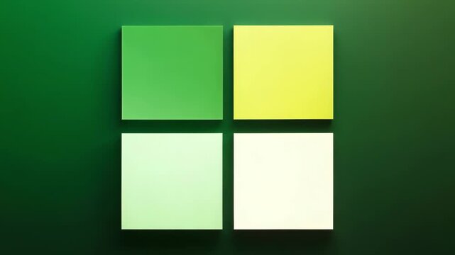Four squares in green and yellow are arranged in a grid format on a solid colored background to explore color interaction