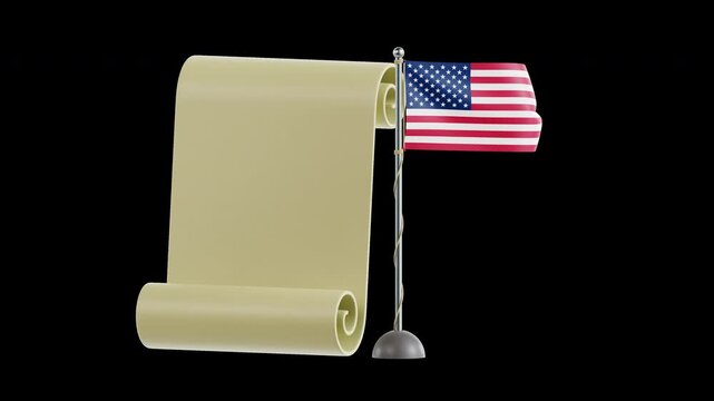 Vintage parchment scroll and American flag unfurling to reveal text and waving gently in a 3D style, isolated on a transparent background. US historic patriotic concepts, 4th of July theme.