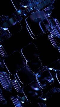 Abstract blue glass blocks on a black background, vertical 3d render