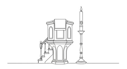 Fototapeta premium Church Pulpit Vector with Tall Altar Candle Line Art Illustration