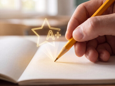 academic success concept, Hand writing in notebook with glowing A+ star hologram