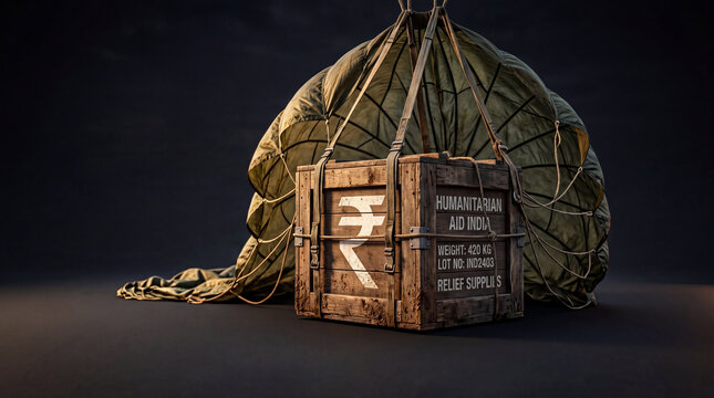 Humarian aid dropping from the parachute and Dollar and rupee symbol placed on the boxes