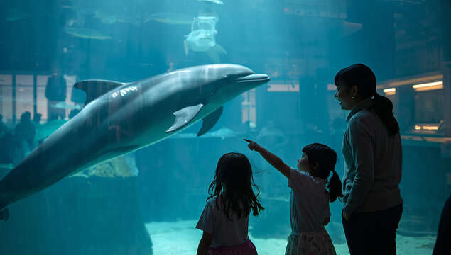 水族館で日本人の親子がイルカを見ながら海の学びを楽しむ写真