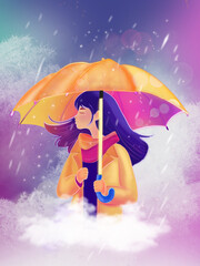 Young woman in cozy autumn coat holding glowing umbrella during rainy day