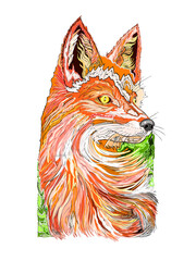 Vibrant orange fox portrait digital illustration with decorative lines