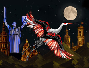 Beautiful night Kyiv landscape illustration with flying stork, golden domes and historic landmarks © Marselina