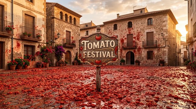Tomato Festival Square: A vibrant town square transformed by a sea of red, celebrating the annual tomato festival with the ground blanketed in ripe fruit.
