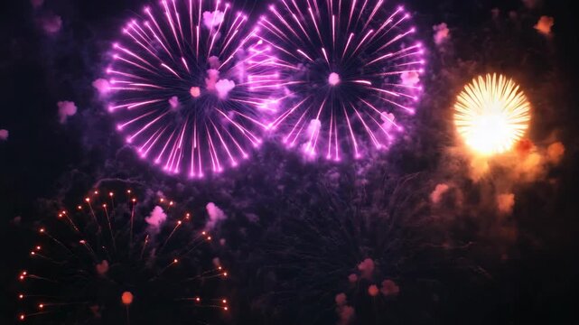 Vibrant fireworks exploding against dark sky, with multiple bursts of light and color.