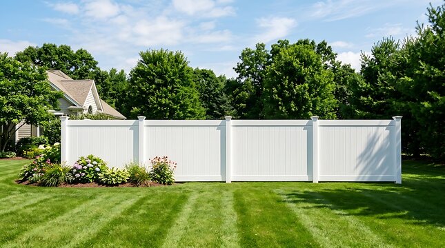 A white vinyl privacy fence in a lush green backyard with a garden bed and trees in the background under a blue sky