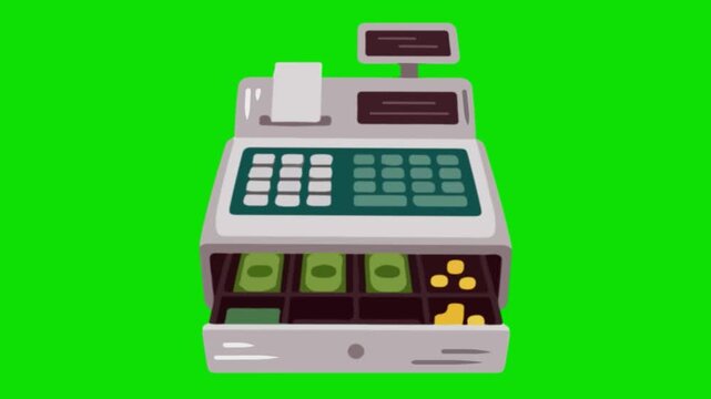 An illustration of a cash register with coins on a green background