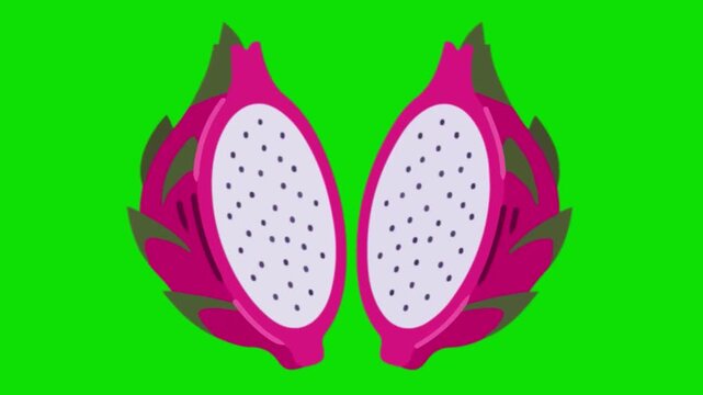 Vibrant pink dragon fruit halves on green background with purple seeds