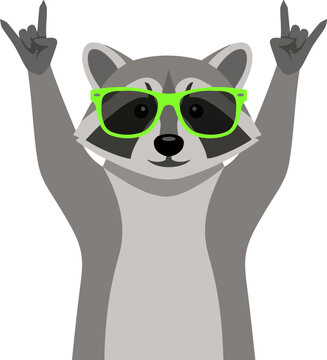 Cool cartoon raccoon vector illustration wearing bright lime green sunglasses while making rock and roll hand gestures isolated on a clean white background for creative projects
