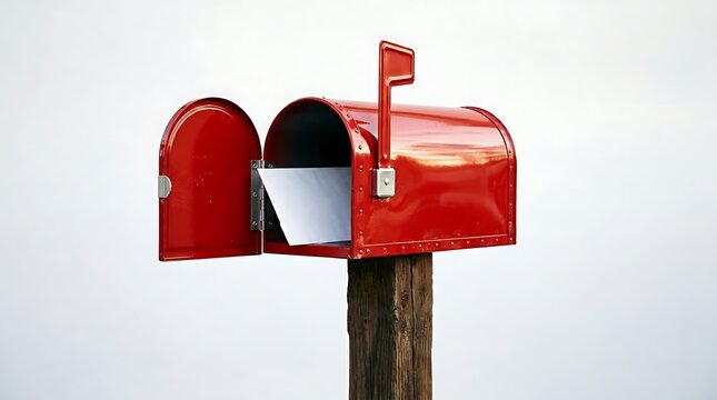 A classic red mailbox on a wooden post with an open door and a letter inside against a bright white background