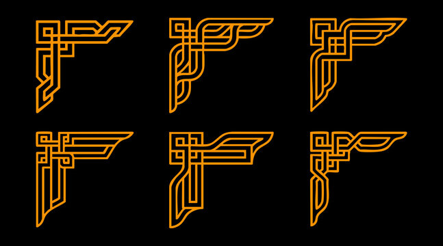 Golden vector corner border frames featuring intricate geometric celtic knot patterns on a solid black background