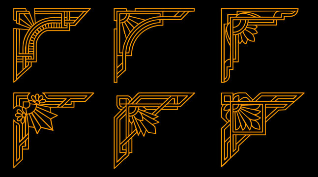 Elegant gold art deco corner frame designs featuring geometric patterns for luxury print graphic illustration projects