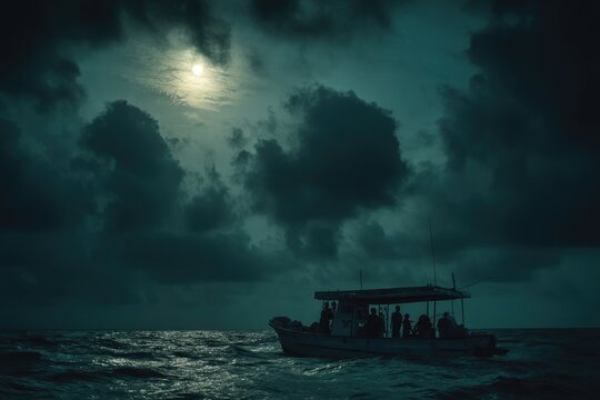 Dark moonlit sea, silhouette boat