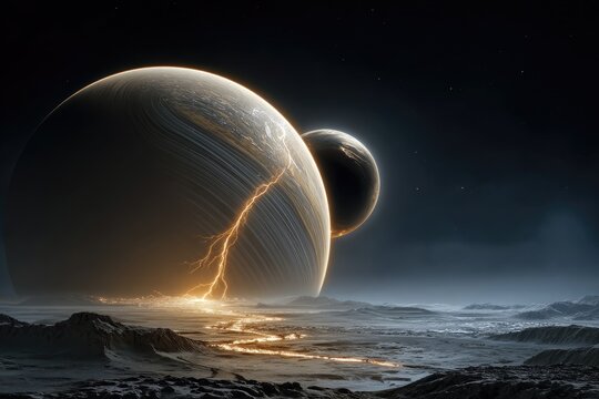 Two large planets in space, one with a dramatic fissure and lightning
