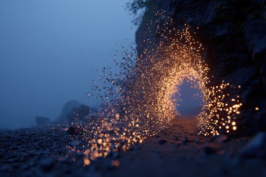 Misty, glowing tunnel through dark rocks