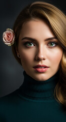 Naklejka premium Portrait of a woman with blonde hair adorned with a pale pink rose and striking green eyes, symbolizing natural beauty, elegance, and refined style