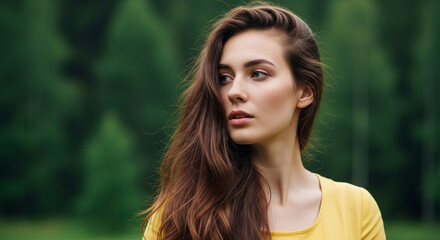 Naklejka premium Portrait of a young woman with long brown hair and fair skin, looking to the side with a neutral expression, surrounded by a soft green blurred forest background, for nature, serenity, and beauty