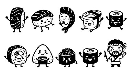 Cute Sushi and Japanese Food Kawaii Cartoon Characters Set © Mst