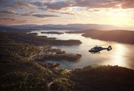 Helicopter flight over lake and mountains at sunset