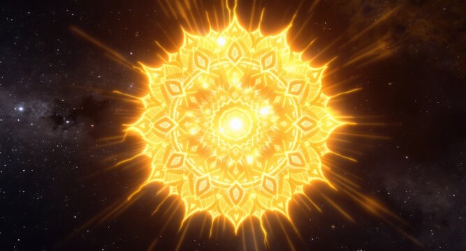 Golden mandala sunburst in space