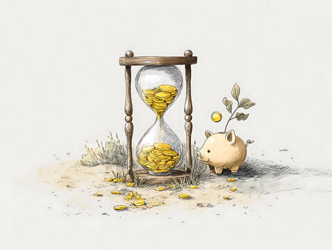 Money flowing through hourglass with piggy bank growing wealth