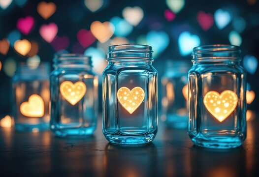 Glowing hearts in glass jars, bokeh background