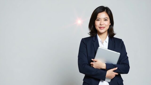A young Asian woman dressed in a business suit holding a laptop computer. She is smiling and looking towards the camera.