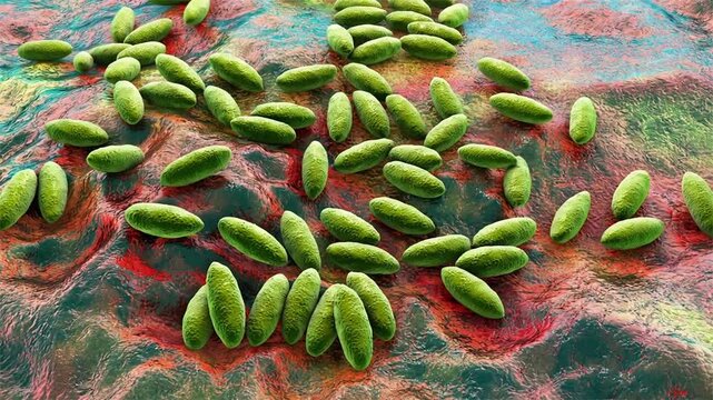 Brucella species, 3D animation showing small Gram-negative intracellular coccobacilli, causative agents of brucellosis in humans and animals.