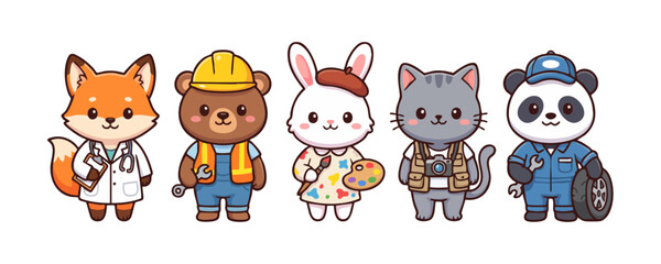 Fototapeta premium Cute Animal Worker Character Vector Bundle Kawaii Career Mascots for Children's Books, Classroom and Stickers