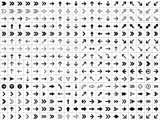 Fototapeta premium Collection of various black and white arrow icons and symbols arranged in a grid for design and user interface projects