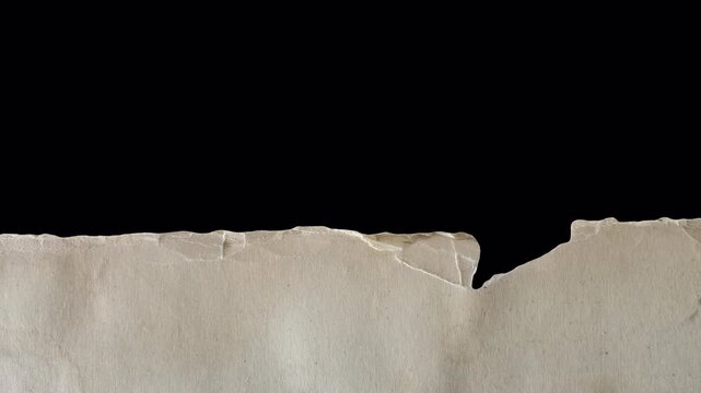 Animated strip of aged, torn paper with a shadow, unfolding from the top and bottom with a horizontal tear; isolated on a transparent background, 4K animation. Alpha channel.
