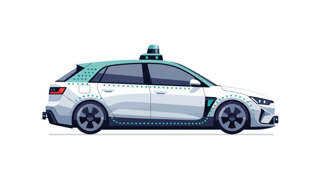 Side view illustration of a modern white autonomous self-driving car on a white background.