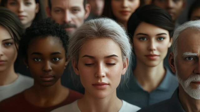 Group portrait of individuals from different age groups and ethnic backgrounds staring directly at the camera with a neutral expression. They are standing close to each other in an indoor setting.