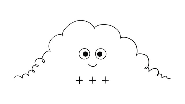 Cartoon cloud with a smiling face and curly tendrils simple