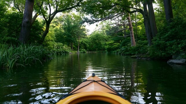 A kayak smoothly navigates a calm waterway through a beautiful city park capturing a sense of serene outdoor adventure