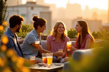Obraz premium Happy Friends Drinking Beer On Rooftop Bar At Sunset