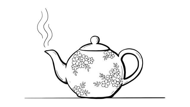 Steaming teapot with floral pattern on a white background, kitchen