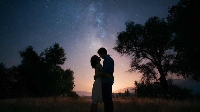 A joyful couple shares a loving embrace under a beautiful starry night sky