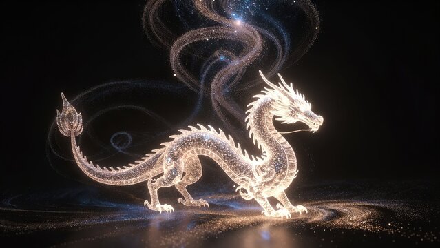 Glowing magical dragon made of sparkling light particles with swirling cosmic energy trail