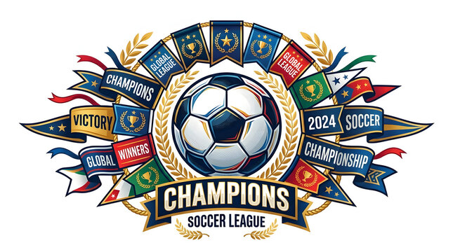 Soccer ball sits prominently within a golden laurel wreath surrounded by colorful championship flags and victory banners for a global league competition.