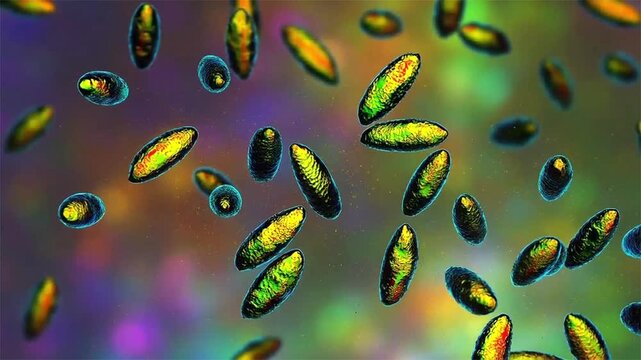 Brucella species, 3D animation showing small Gram-negative intracellular coccobacilli, causative agents of brucellosis in humans and animals.