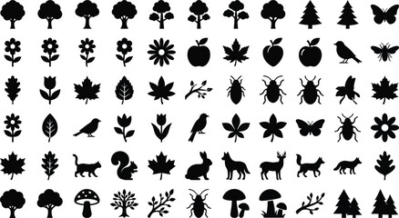 Black silhouettes of forest and garden including trees, flowers, animals, and insects forest garden trees © GR Graphics