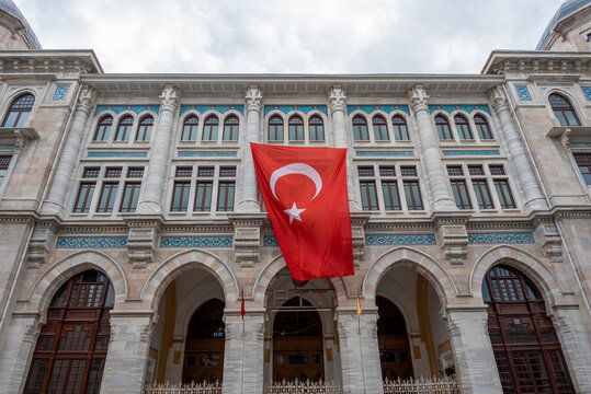 Turkey, Istanbul, June 26, 2026. Museum building with Turkish flag displayed on the facade and architectural details.