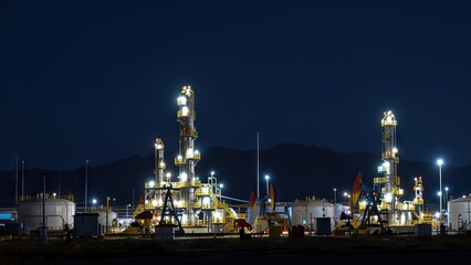 Fototapeta premium Illuminated industrial oil refinery with distillation towers and storage tanks at night