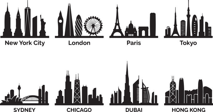 City skylines, urban landscapes, black silhouettes, cityscape icons, travel destinations