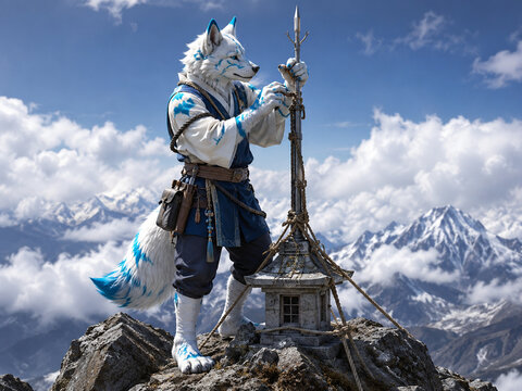Wolf Mountain Ascetic Adjusting Lightning Rod Above Clouds generated by AI